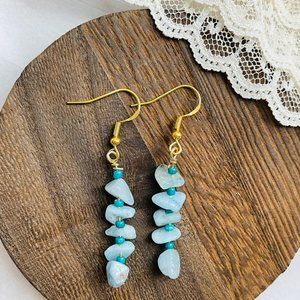 Aquamarine Gemstone Chip Beaded Dangle Artisan Earrings 2” NEW